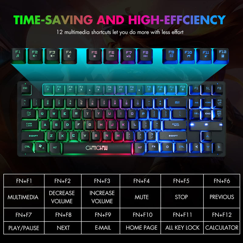 RGB Compact Gaming Keyboard, CHONCHOW USB Wired 87 Keys Gaming Keyboard LED Rainbow Backlit Tenkeyless Gaming Keyboard TKL Keyboard Gaming RGB Keyboard for Laptop Ps4 Xbox PC Computer Game and Work Black
