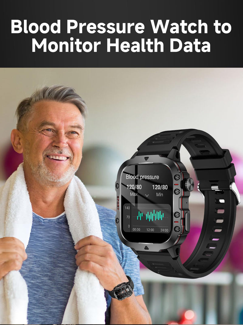 Blood Pressure Watch Men, IP68 Waterproof Blood Pressure Watch, 1.96" High-Resolution Touch Screen Smart Fitness Tracker with 100+ Sport Modes Compatible with Android and iOS, Black