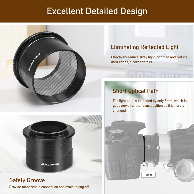 [AUSTRALIA] - Astromania 2 Inch T2 Focal Telescope Camera Adapter Ⅱ for SLR/DSLR Cameras More Convenient with Groove Design to Simply Attach Camera to Telescope, Metal M42 T Mount Astronomy Adapter for Photography 