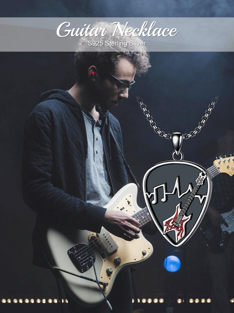 Dorunmo Guitar Pick Holder Necklace Sterling Silver Personalized Soundwave Guitar Pick Pendant Holder Christmas Musicians Gift for Guitar Lovers Music Lovers Guitar-Black Red