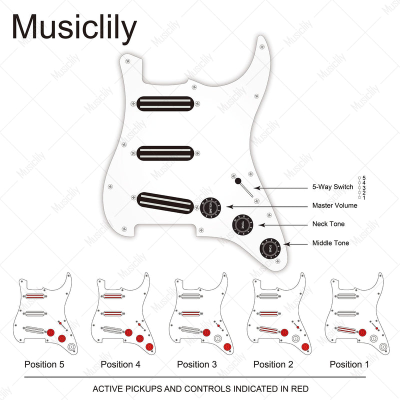 [AUSTRALIA] - Musiclily 11-Hole SSS Prewired Loaded Pickguard with Dual Hot Rail High Output Pickups Set for Fender Squier Strat Electric Guitar, 4Ply White Pearl 