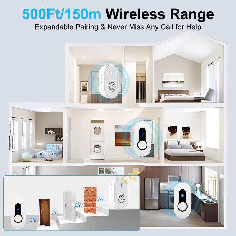 Caregiver Call Button Beeper Pager System Rechargeable & Portable Receiver with 500Ft Range Alert Button Call Bell for Elderly/Patient/Disabled at Home/Hospital/Clinic 2 buttons+1 receivers