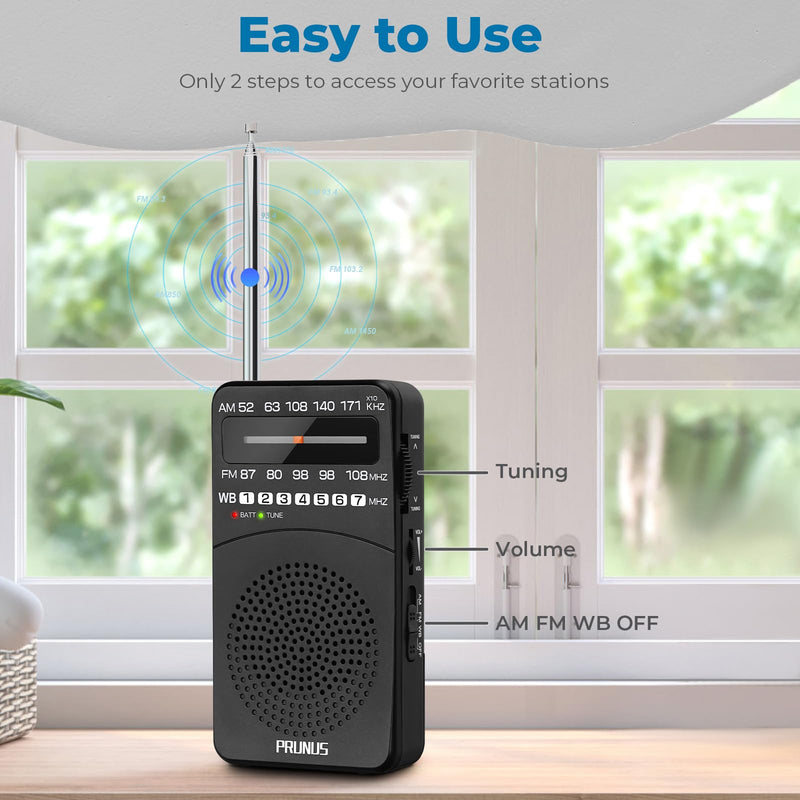 PRUNUS NOAA Weather Radio AM FM, Battery Powered Radio by AA, Transistor Radio, Earphone Jack, Portable Radio AM FM WB for Emergency, Hurricane, Floods, snowstorms