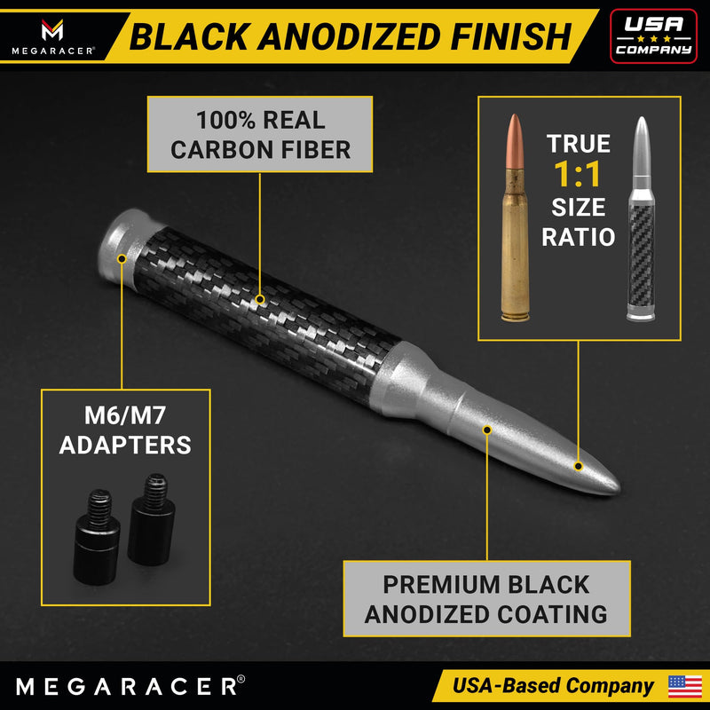 [AUSTRALIA] - Anodized Silver Carbon Fiber 50 Cal Bullet Antenna for Chevy Silverado & GMC Sierra 1500 2500 (1999-2026) – Billet Aluminum, UV & Chip-Resistant, Car Wash Safe, Short Truck Replacement Accessories 