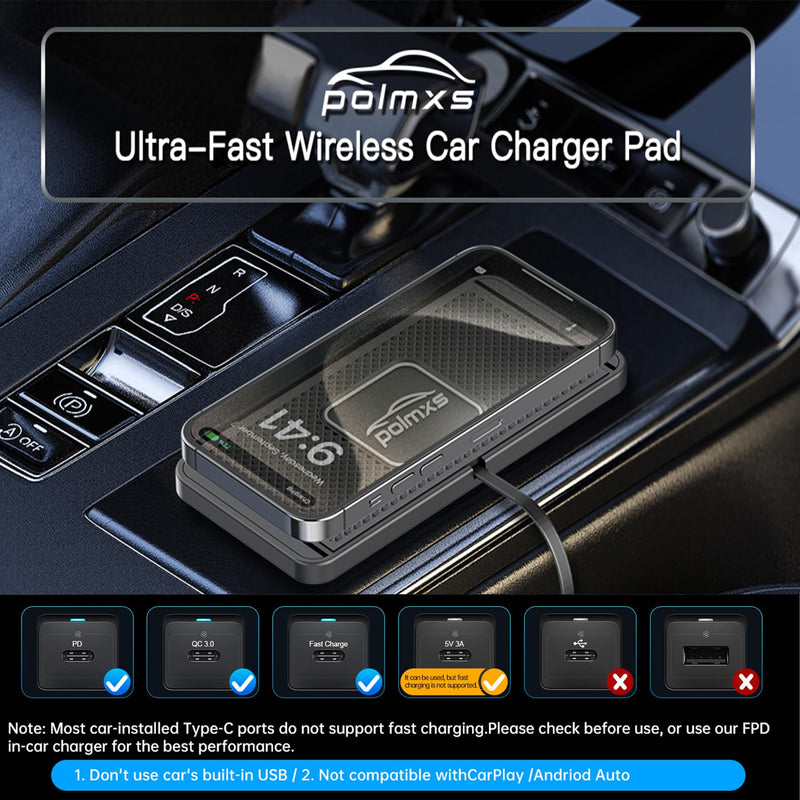 Wireless Charger Car Charging pad,POLMXS 15W Fast Wireless Phone Charger Non Slip Cell Phone Flat Charging mat Compatible with iPhone 11/12/12/14/15 Galaxy S21/S22/S23/24 NOTE10 (30cm Cable)(C2Y)
