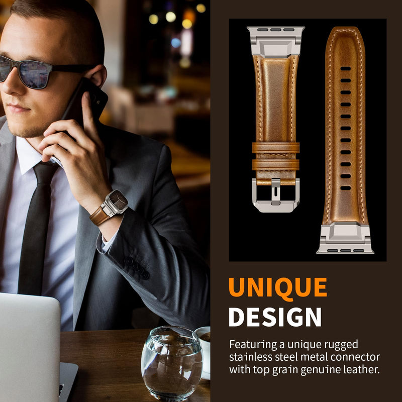 Leather Bands Compatible with Apple Watch Ultra 3/2/1 Band 49/46/45/44/42mm Men, Genuine Leather Metal Connector Strap for iWatch Ultra Series 11/10/9/8/7/SE/6/5/4,Dark Brown/Black+Brown/Titanium