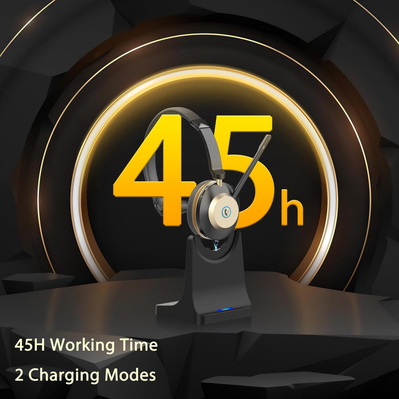 [AUSTRALIA] - Bluetooth Headset, V5.3 Wireless Headset with Mic for Work, 45Hrs Computer Headset with Microphone, Noise Cancelling Mic, Charging Base, USB Dongle & Mute Button for PC, Skype, Zoom 