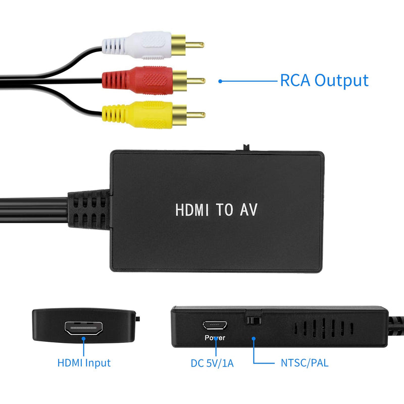 HDMI to RCA, HDMI to AV Converter, HDMI to Older TV Video Audio Converter Adapter for Apple TV, Roku, Fire Stick, Xiaomi Mi Box ect -Black