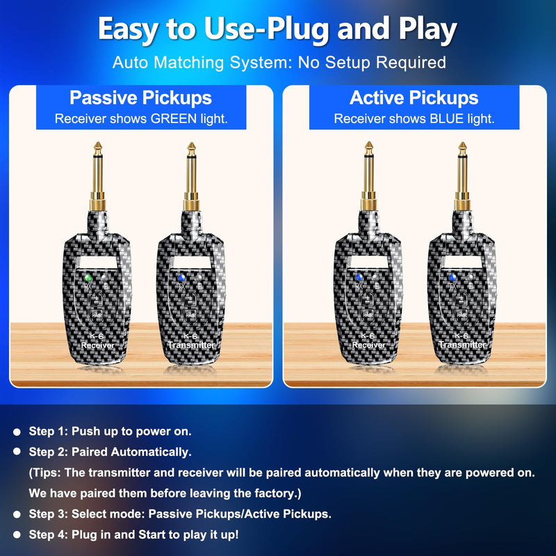 [AUSTRALIA] - Wireless Guitar System 2.4GHz Transmitter Receiver, 24-bit 48KHz Audio, 100ft Range, Rechargeable 5-Hour Battery, 250° Rotating Plug, No Latency for Electric Bass, Guitar Accessories K6 
