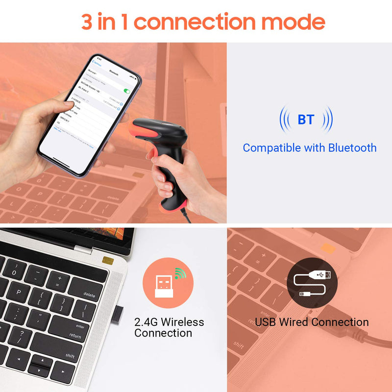Tera Pro Wireless 2D QR Barcode Scanner 3 in 1 Bluetooth & 2.4GHz Wireless & USB Wired Connection Connect Smart Phone Tablet PC Image Bar Code Reader with Vibration Alert Model HW0002-O 2D no stand