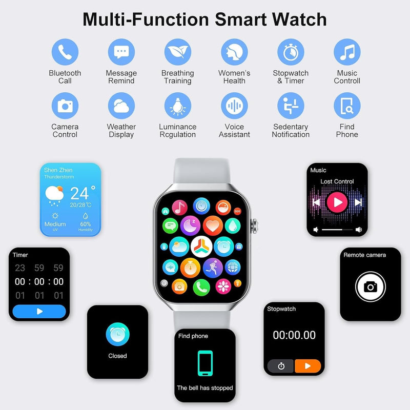 Smart Watch for Men Women, 2.09" AI Fitness Smartwatches with Calling/SMS, Heart Rate/Sleep/SpO2 Monitor, Pedometer, Dual Bands, 3 Games for Android/iOS Phones (White) White