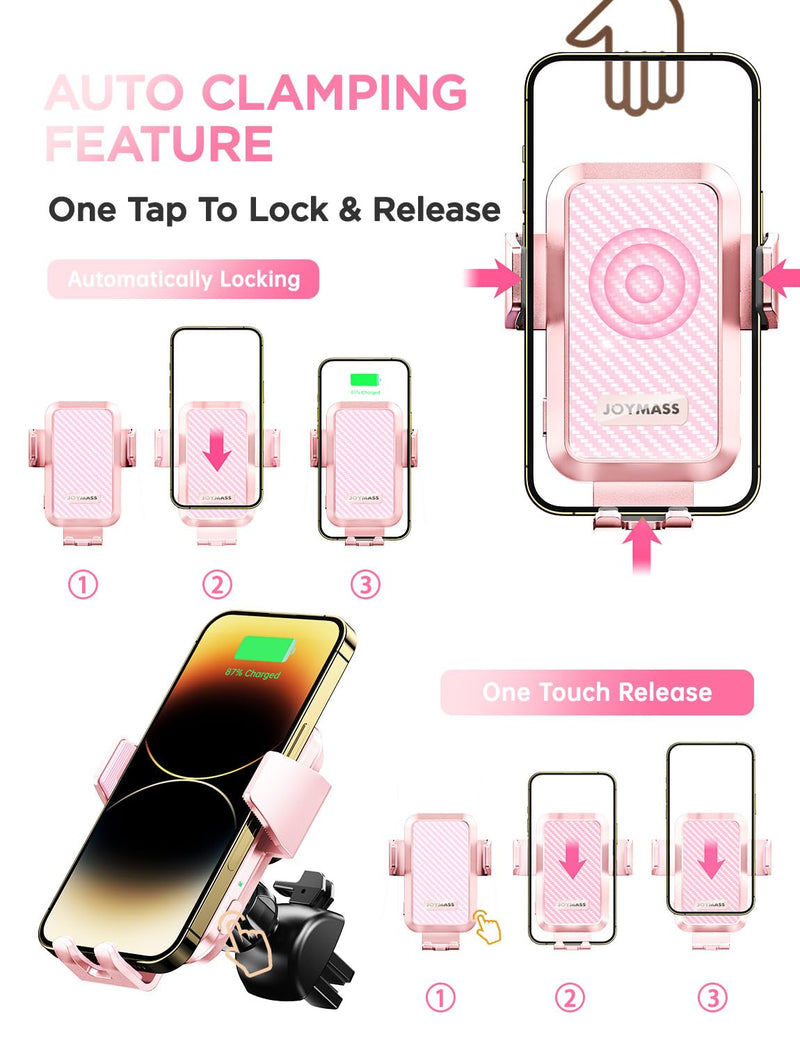 JOYMASS Wireless Car Charger, Phone Holders for Your Car, 15W Auto Clamping Phone Mount Car Accessories for iPhone 16 15 14 13 12 Mini Pro Max 11, Samsung Galaxy S24 Ultra S23 S22+ Note 20, etc-Pink PINK