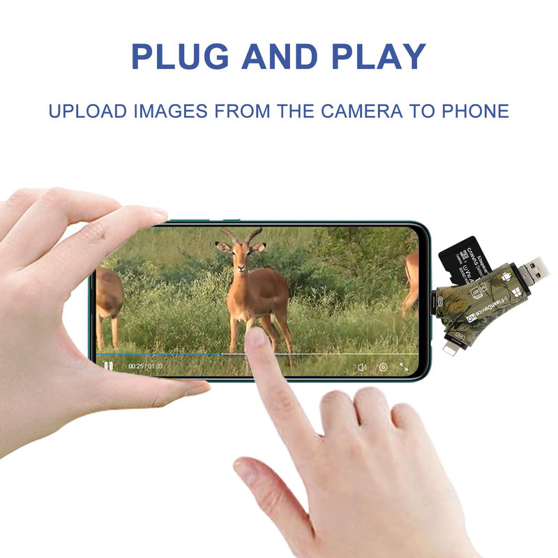 Liplasting Trail Camera Viewer SD Card Reader for iPhone iPad Mac & Android, 4 in 1 SD/Micro SD/TF Memory Card Reader Adapter to View Hunting Game Camera Photos or Videos on Smartphone
