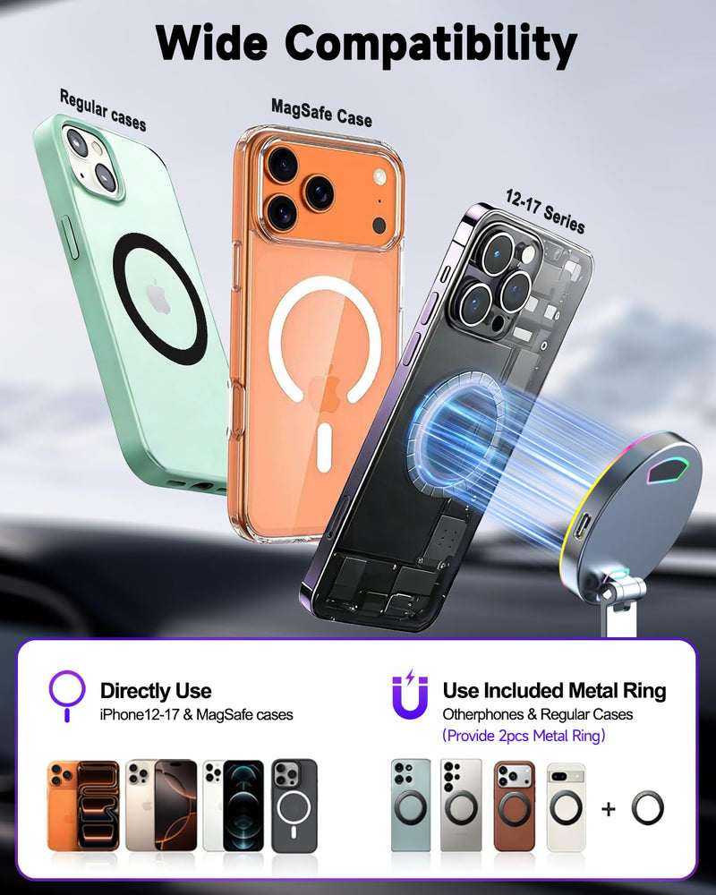 for Magsafe Car Mount Charger 15W Fast Charging Wireless Car Charger Holder | [120LBS Suction &3800gf Magnet] 780° Adjustable, Vacuum Magnetic Phone Holder for Your Car for iPhone & Android, Metal Stand
