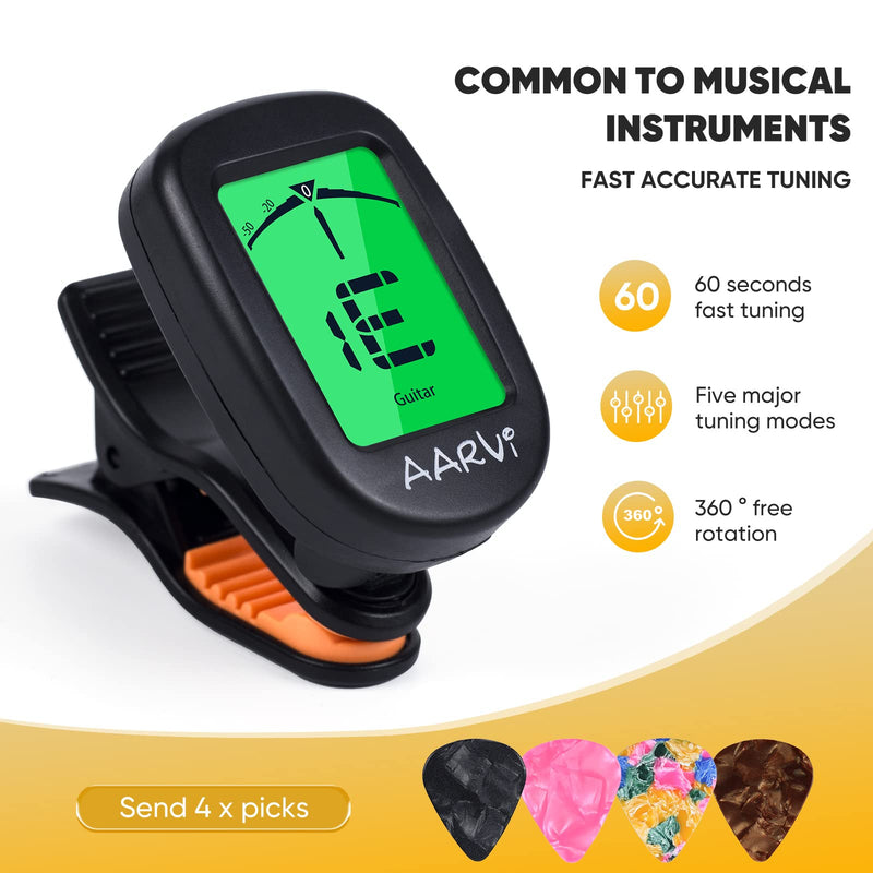 [AUSTRALIA] - Clip On Guitar Tuner 5 Pack for All Instruments, Acoustic/Electric Guitar, Ukulele, Bass, Violin, Banjo, Large Clear LCD Display for Guitar Tuner, Chromatic Tuner, 20 Pack Guitar Picks Included A-tuner Black-5-Pack 