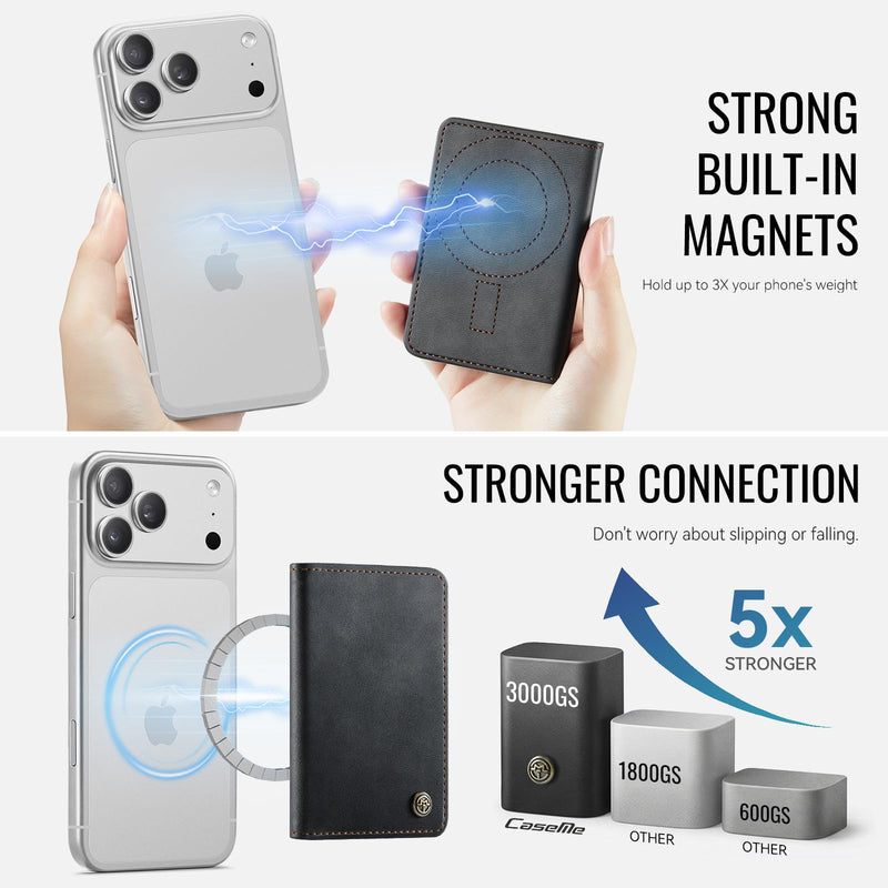 Magnetic Wallet Card Holder with RFID Protection, PU Leather Slim Wallet, Strong Magnet Attachment for iPhone 18/17/16/15/14/13/12 Series Pro Max Plus Mini-Black Black