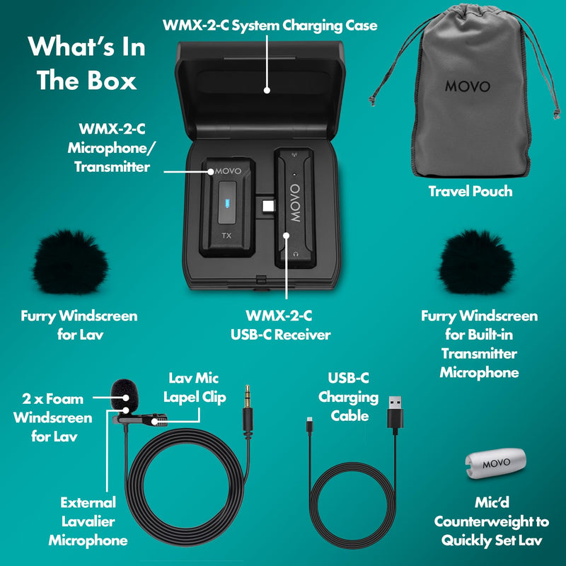 [AUSTRALIA] - Movo WMX-2-C Wireless Microphone for USB-C Devices – Wireless Lavalier Mic System with Charging Case – Clip-On Lapel Mic for iPhone 15 and Up, Android, iPad Pro, MacBook – 7HR Battery, 328ft Range 1 Transmitter 