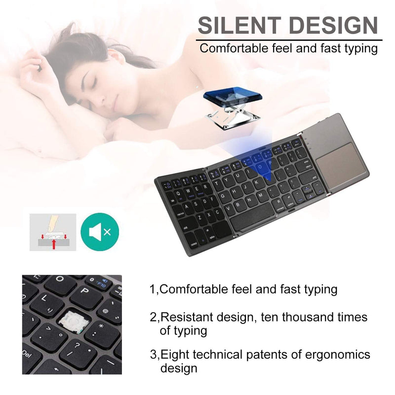 Foldable Bluetooth Keyboard, Rock&Rown Pocket Size Portable Wireless Keyboard with Touchpad for Mac OS,Android, Windows, Linux, PC, Tablet, with Rechargeable Li-ion Battery-Dark Gray