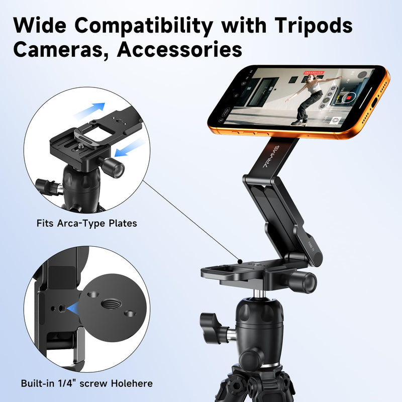 7RYMS 7RIG T1 Magnetic Phone Tripod for iPhone/Android, 1/4" Screw for Vlog | Aluminium MagSafe Phone Holder with Magnet Foldable Hook, Mini Smartphone Stand for Gym, Travel, Filming, Video Recording Black