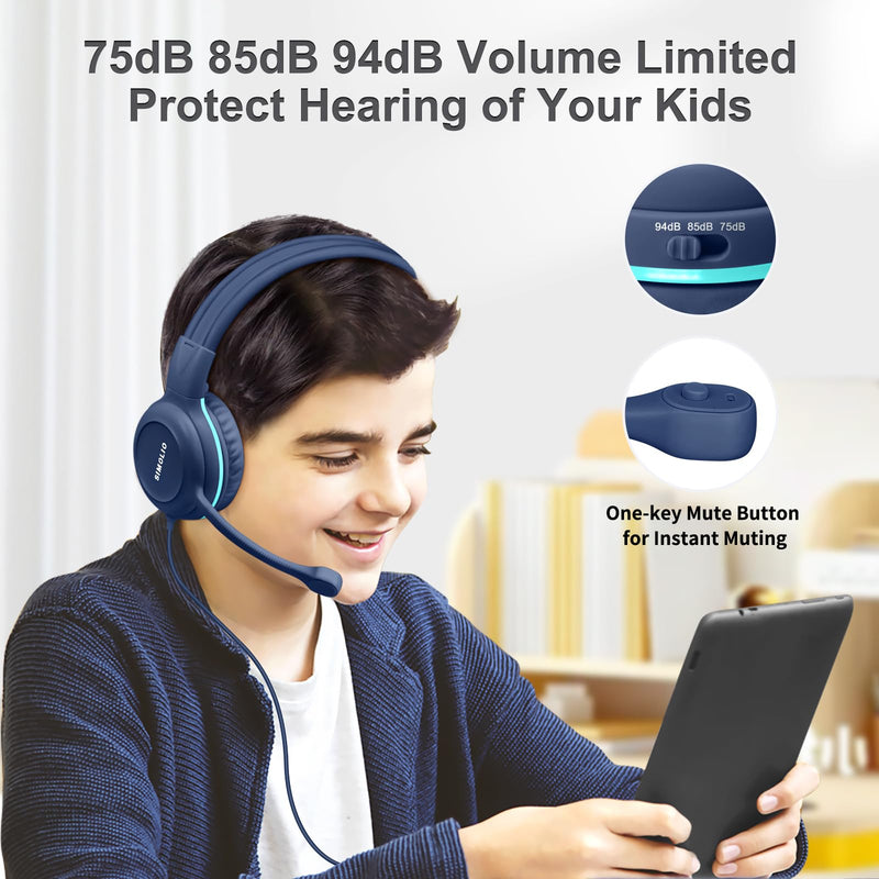 SIMOLIO-Kids-Headphones-School with-USB-C to 3.5mm Dongle, Boom-Microphone | 75/85/94dB Volume Limit,Mute Button,Bag, Stereo Over-Ear Wired Headset for iPad,iPhone,Tablet,Boy,Girl,Gaming,Travel,Airplane Rose & Navy USB C & 3.5mm