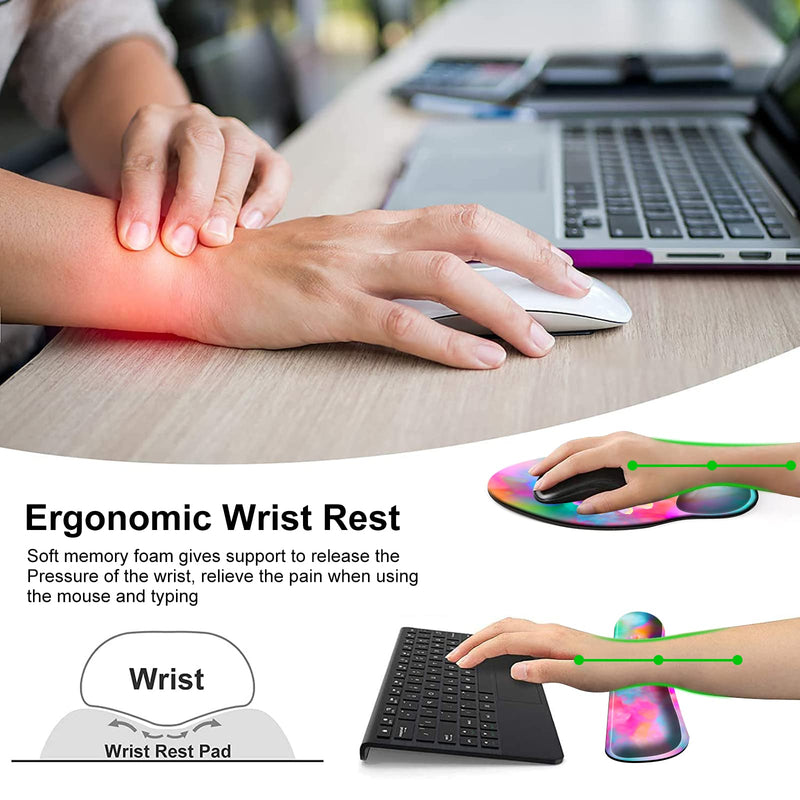 Ergonomic Mouse Pad and Keyboard Wrist Rest Set, Non Slip PU Base Easy Typing Pain Relief Gaming Mousepad with Coaster 3-in-1 Combo for Computer Laptop Home Office, Pink Watercolor Flower 3 Pcs Set