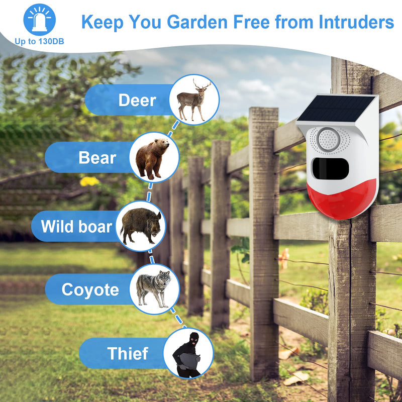[AUSTRALIA] - ChunHee Solar Motion Sensor Outdoor Alarm,Adjustable Sensitivity Motion Activated Alarm,129db Sound Security Siren Light IP67 Waterproof and 4 Mode for Home,Farm,Barn,Villa,Yard(2 Pack) 2 Light+2 Remote Control 