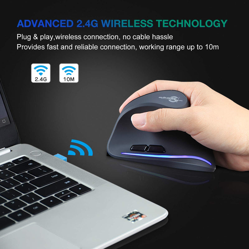 TRELC Ergonomic Mouse, 2.4G Wireless Vertical Optical Mouse with Adjustable Sensitivity (1000/1600/2400 DPI), 6 Buttons for PC, Desktop, Laptop, Notebook (Black) 2.4GHz
