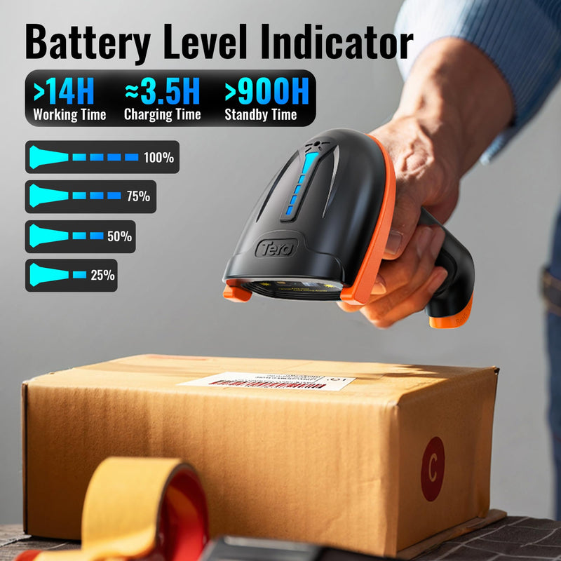 Tera Barcode Scanner Wireless 1D Laser Cordless Barcode Reader with Battery Level Indicator, Versatile 2 in 1 2.4Ghz Wireless and USB 2.0 Wired 1D Orange