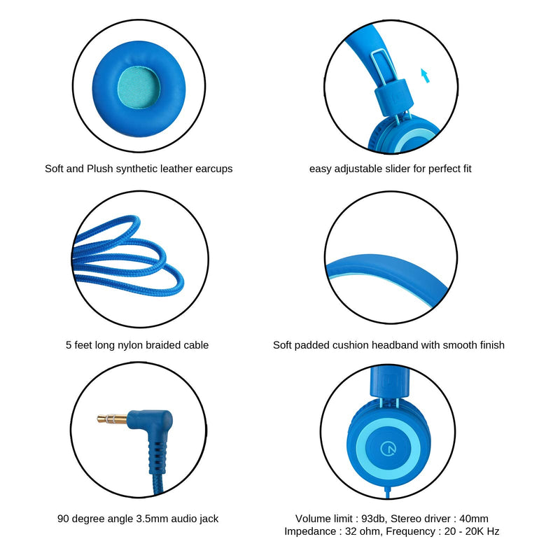 [AUSTRALIA] - noot products Kids Headphones K11 Foldable Stereo Tangle-Free 5ft Long Cord 3.5mm Jack Plug in Wired On-Ear Headset for iPad/Amazon Kindle,Fire/Boy/Girl/School/Laptop/Tablet(Skyline Blue) Skyline blue 