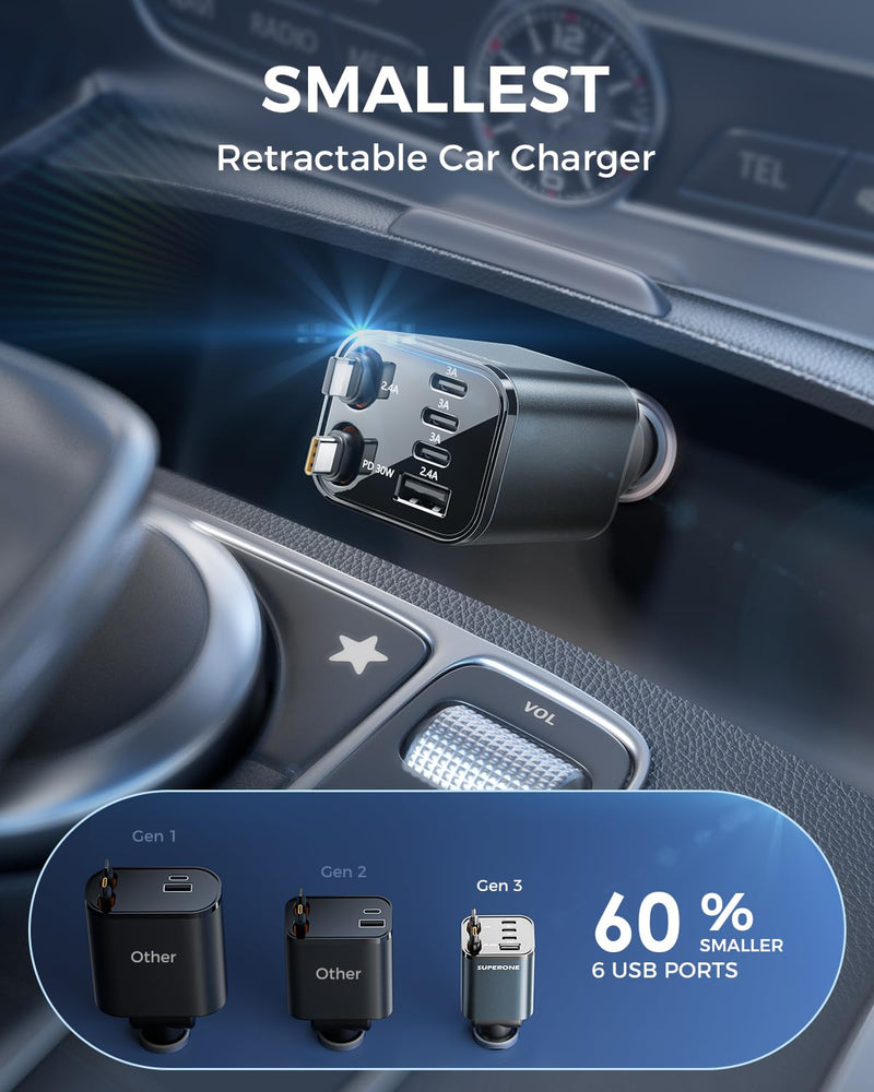 Smaller 4 in 1 Retractable Car Charger & SUPERONE Retractable Car Charger