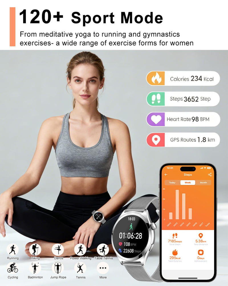 Smart Watches for Women, 1.27" TFT Touchscreen Smartwatch Answer/Make Call, Activity Fitness Trackers with 120+ Sports/HR/Sleep/SpO2 Monitor, IP68 Waterproof for Android iOS (Silver) Silver