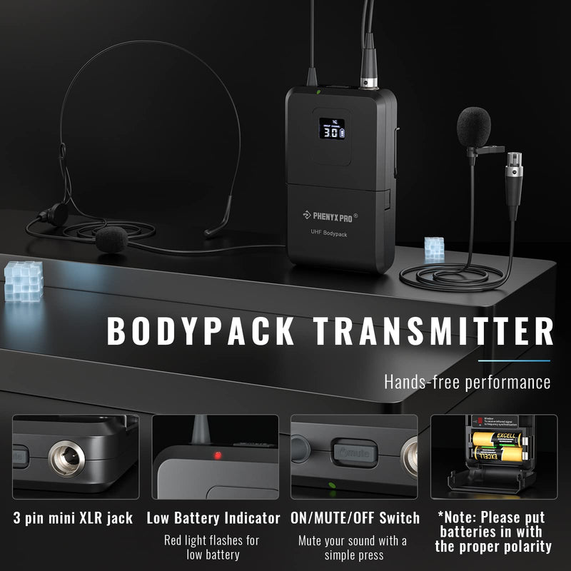 Phenyx Pro Wireless Bodypack Transmitter, UHF Bodypack Microphone for PTU-71/PTU-7000/PTU-6000, with Selectable Frequencies, Mute Function (PWB-7)