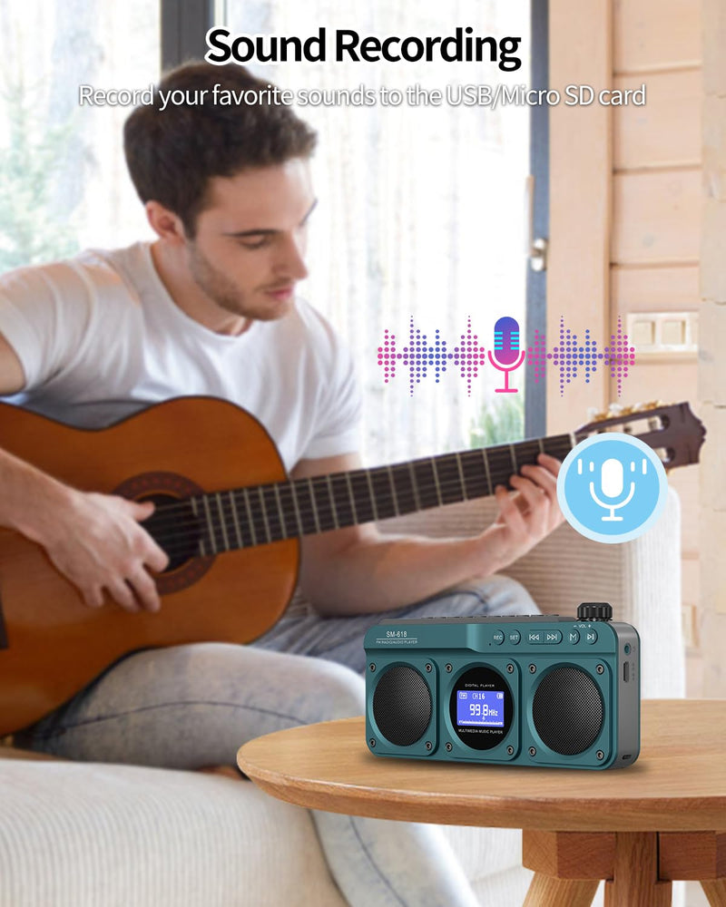 [AUSTRALIA] - SEMIER Small Digital FM Radio Bluetooth Speaker, Handheld Rechargeable Radio Wireless Speaker, LCD Display, Double Speakers, Headphone Jack, Support USB/Micro SD Card MP3 Play for Home Outdoor (No AM) Blue 