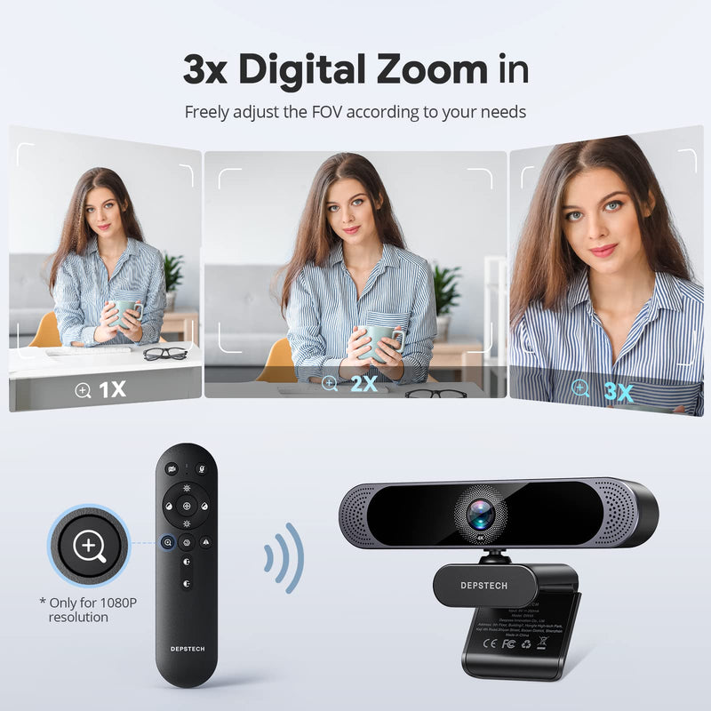 DEPSTECH 4K Webcam, Ultra HD 1/2.55'' Sony Sensor, 3X Digital Zoom, Dual Noise-Canceling Microphones, Remote Control, Auto Focus, Streaming Webcam for PC, Mac, Laptop, Video Call, Zoom, Skype, Teams