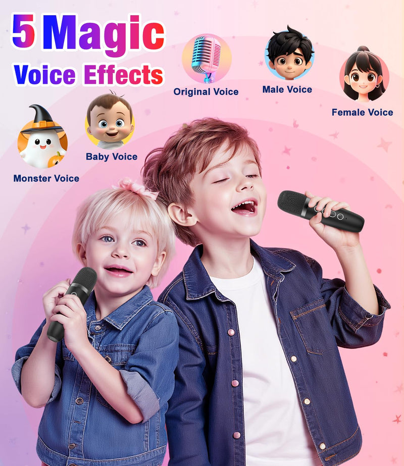 Mini Karaoke Machine, Portable Bluetooth Speaker with 2 Wireless Microphones for Kids & Adults, Karaoke Microphone with LED Lights, Gifts for Girls & Boys Black