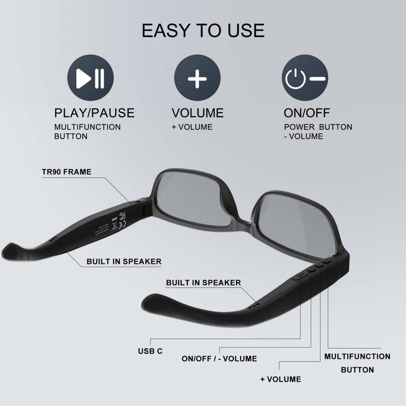 Smart Bluetooth Glasses for Men Women Audio Polarized Glasses with Bluetooth Headphones Speaker Mic, UV Protection, Voice Assistant (Black Lens) Black