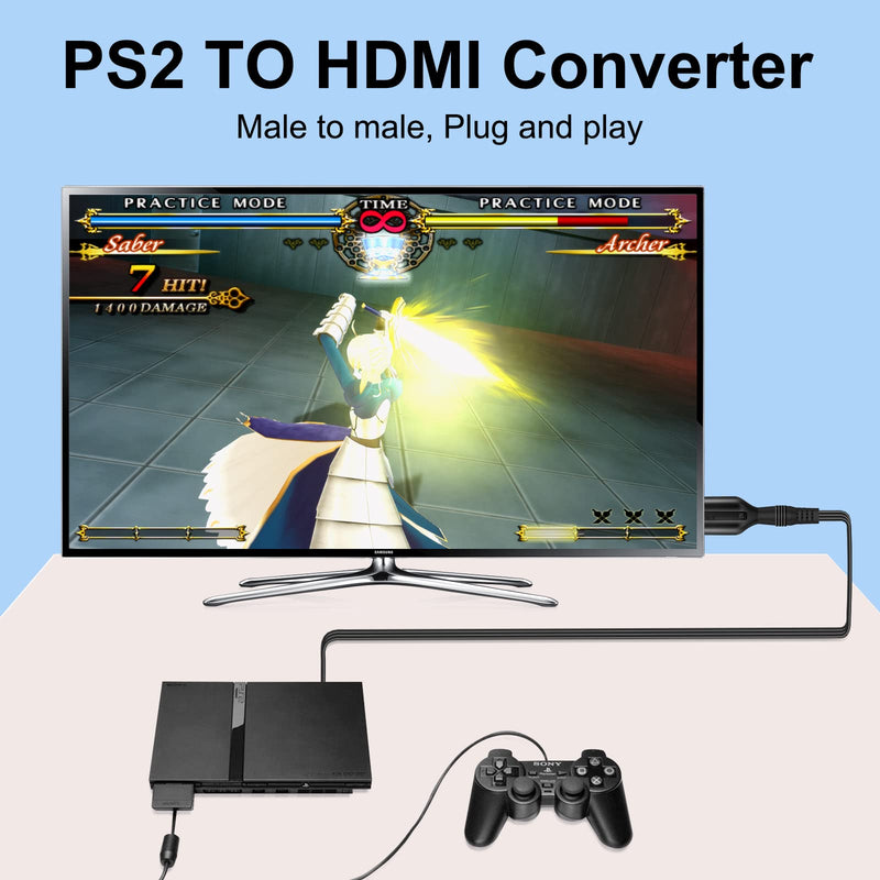 PS2 to HDMI Converter Adapter PS2 HDMI Cable 1m/3.2ft Video Converter for HDTV HDMI Monitor Supports All PS2 Display Modes