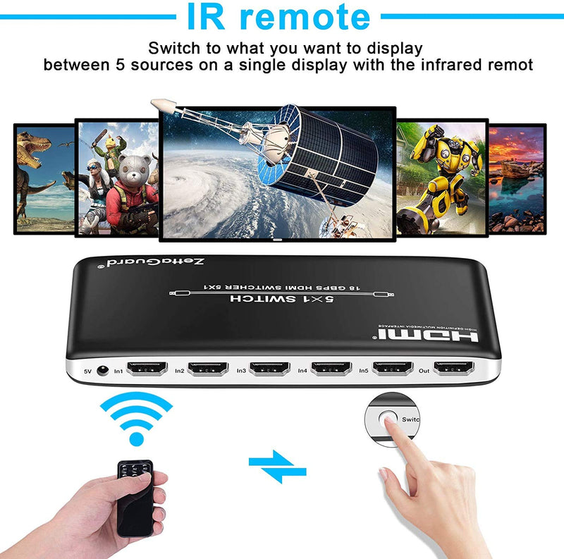 [AUSTRALIA] - 4K 60Hz 5 Port 5 x 1 HDMI Switch with IR Remote Control HDMI 2.0 Switcher Support 18Gbps 4K x 2K 3D HDCP 2.2 HDMI Splitter Hub Port Switches for PS4 Xbox Apple TV Fire Stick Blu-Ray Player 5 In 1 Out 
