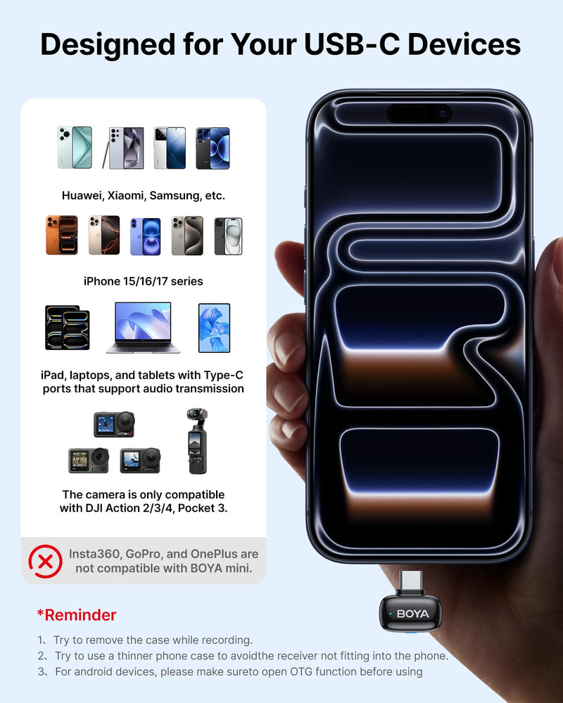 [AUSTRALIA] - BOYA mini 2 Wireless Lavalier Microphones for iPhone 15/16/17 & Android, AI Noise Cancellation, App Control, 30H Battery Life with Charging Case, Lapel Microphone Wireless for Video Recording Vlogging Black 2TX+USB-C RX+1CC 