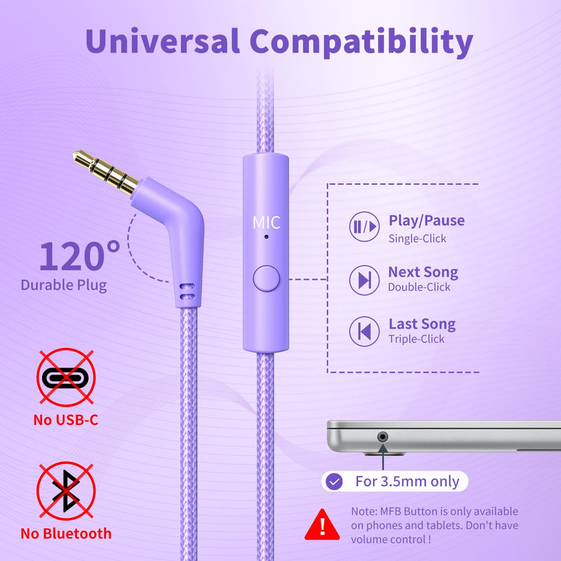 Botesty Sound Headphones Wired with Microphone, Over Ear Foldable 3.5mm Plug in Headphones with 4.9ft Tangle-Free Nylon Cord for Tablet, Laptop, MP3/4, School, Airplane Travel (Purple) Purple