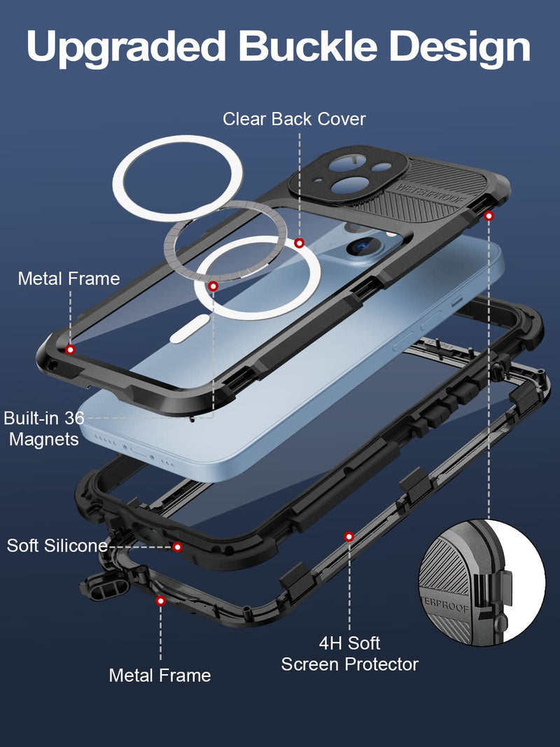 WIFORT for iPhone 14 Waterproof Case - Metal Full Body Protection Case Built-in [Screen Protector][IP68 Water Proof][14FT Military Grade Dropproof][Compatible with MagSafe] Phone Cover, 6.1" Black