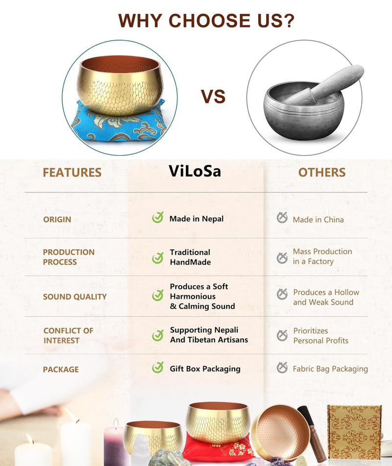 Tibetan Singing Bowl Set — Meditation Sound Bowl Handcrafted in Nepal, Long Lasting Sound for Deep Calming Relaxation, Meditation, and Sound Bowl Healing | Includes Mallet & Cushion(5") (4") 4"