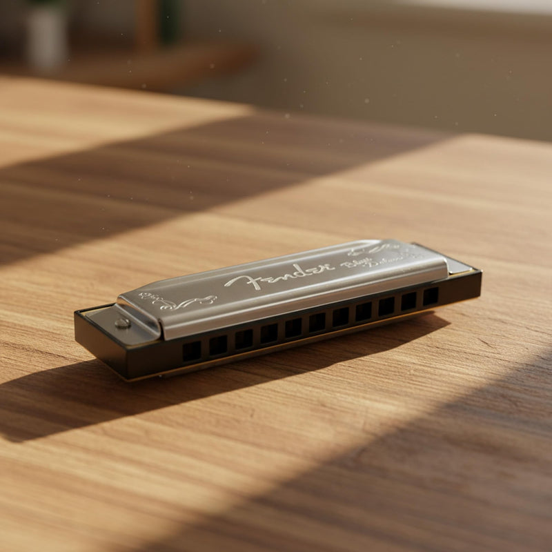 Fender Blues Deluxe Harmonica - Key of G Bundle with Carrying Case, Austin Bazaar Online Manual, and Polishing Cloth