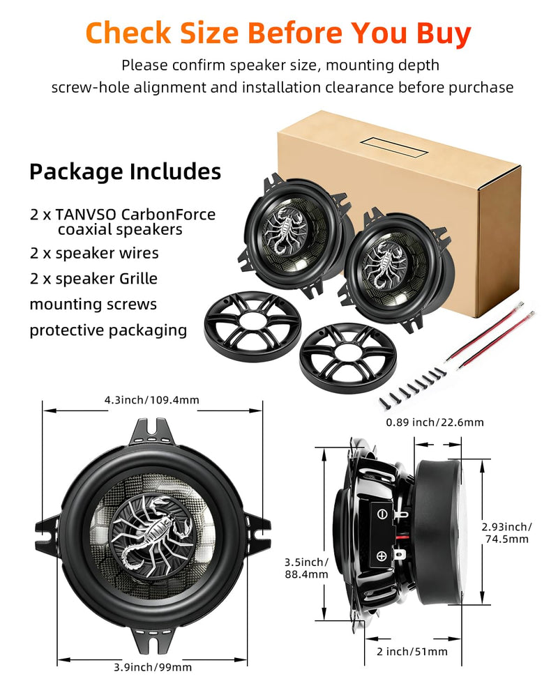 CarbonForce 4 Inch Speakers, 400W Peak 4 Ohm 4 Inch Car Speakers, 4in 2-Way Coaxial Speakers with Honeycomb Carbon Fiber Cone, N48 Tweeter for Door & Dash, 2 Pack Black