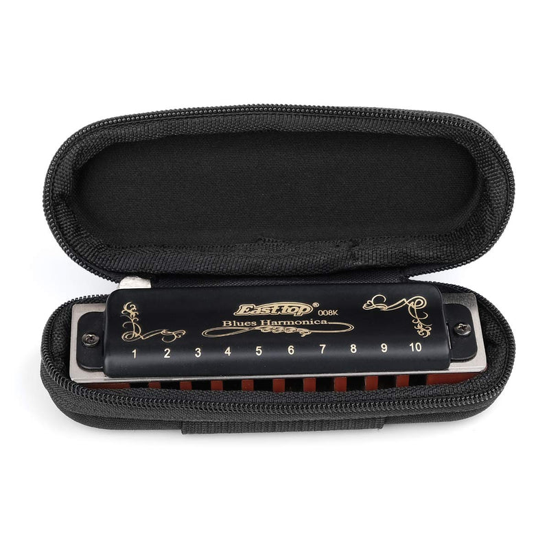 [AUSTRALIA] - Easttop Professional Harmonica Blues Key of D 10 Hole 20 Tone Heavy Duty with Case & Cleaning Cloth for Professional Player,Beginner,by Eison-East Top,Black,Great Christmas Gift 