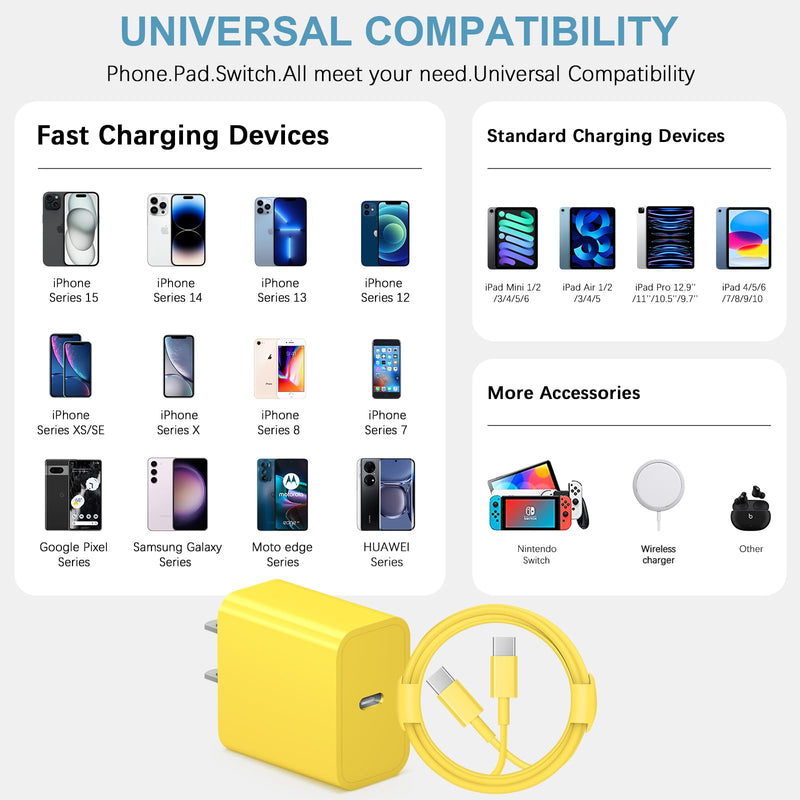 iPhone 15 Charger USB C Wall Charger iPad Pro Charger Block 2 Pack with 2 Pack 6FT Cable for iPhone 15/15 Plus/15 Pro/15 Pro Max/iPad Pro/Mini/Air/Air4/AirPods/Samsung(Yellow) Yellow
