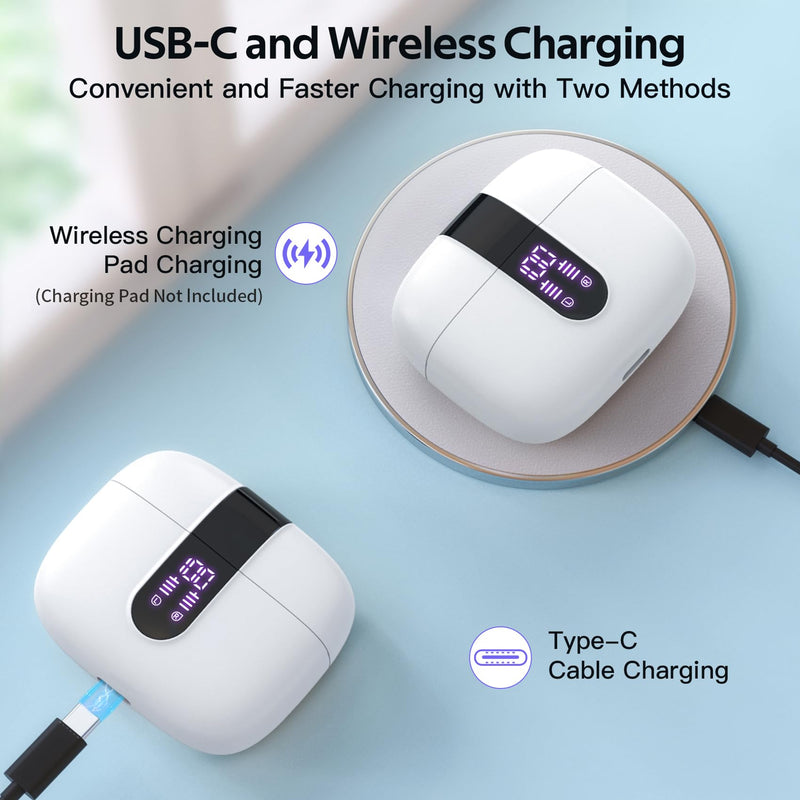TAGRY 2 Sets X08 White and Phantom Purple Bluetooth Headphones True Wireless Earbuds 60H Playback Ear Buds with Wireless Charging Case in-Ear Earbuds with Mic