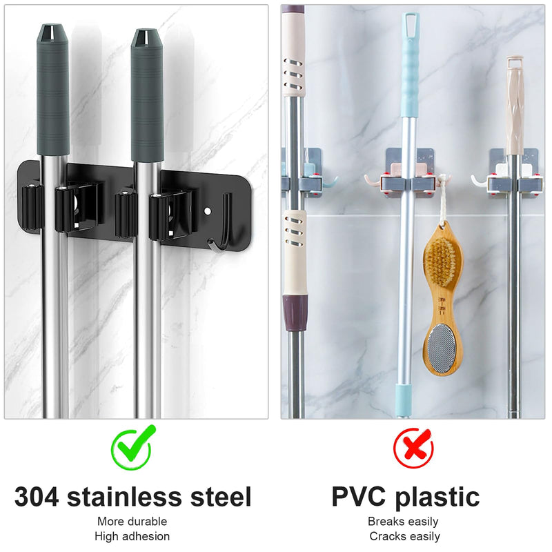 HTRTRR Broom Holder Wall 2 Pieces, 3 in 1 Tool Holder Stainless Steel Garden Tool Holder Wall Mount Self-Adhesive Broom Holder for Kitchen, Home, Bathroom, Garage, Garden