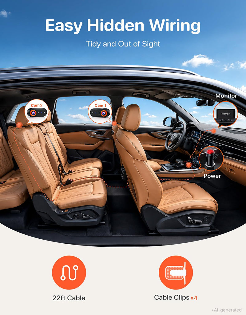 LUCKVIEW BM2PRO Dual Car Camera Baby Monitor for 2 Kids | 5.2'' 1080P HD, Split Screen & Full View, Auto Night Vision, Easy 3-Step Setup for Rear-Facing Infants & Toddlers Orange