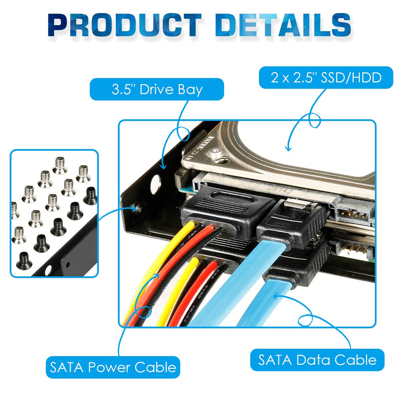 Dual SSD/HDD Metal Mounting Bracket kit 2.5 to 3.5, Convert Any 2.5 inch Solid State Drive/HDD Into One 3.5 inch Drive Bay 2 x 2.5 HDD/SSD to 3.5 Metal Black